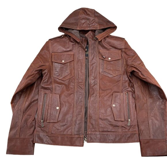 Chabi Jacket Men 42 Rust‎ Brown Leather Hood Lined Full Zip Casual USA VTG - Picture 1 of 15
